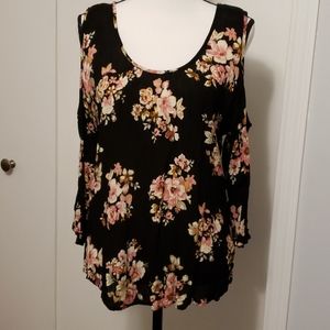 Black flowered top with cut out sleeves